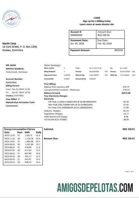 Dominica Electricity Services Limited Eletricidade Business Utility Bill Formatos Word e PDF exemplo real